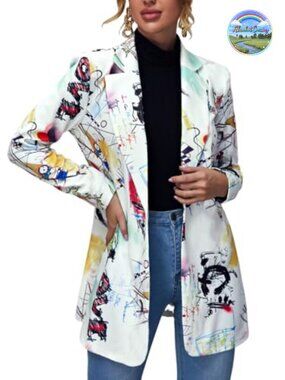Women's Casual Long Sleeve Graphic Printed Blazer Work Suit Jacket with Padded